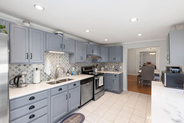 kitchen featuring tasteful backsplash, sink, gray cabinets, and appliances with stainless steel finishes