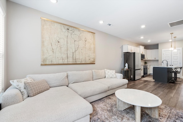 living room with sink and dark hardwood / wood-style flooring