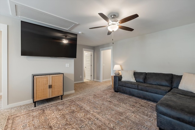 living room with carpet floors and ceiling fan