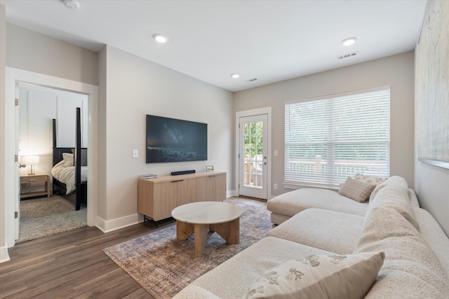 living room with dark hardwood / wood-style floors