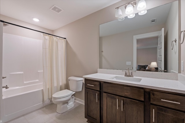 full bathroom with shower / tub combo with curtain, vanity, tile patterned floors, and toilet