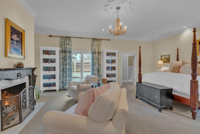 bedroom with a fireplace with flush hearth, a chandelier, crown molding, and light colored carpet