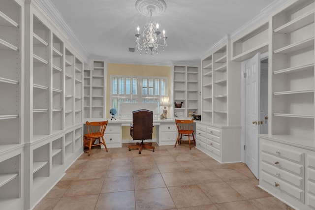 tiled office with crown molding and a chandelier