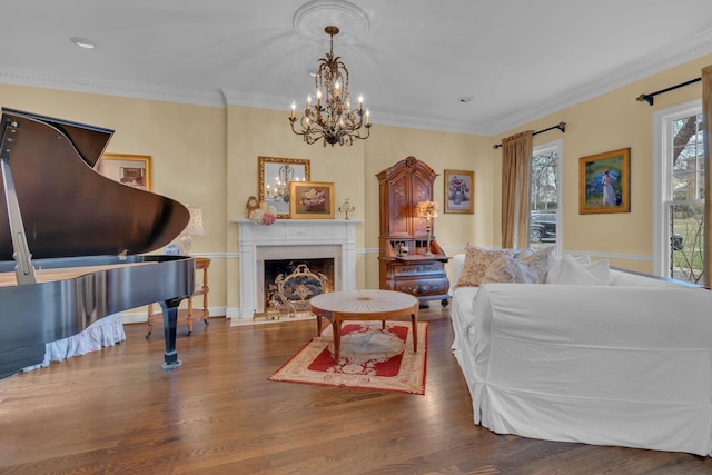 living room featuring ornamental molding and dark hardwood / wood-style flooring