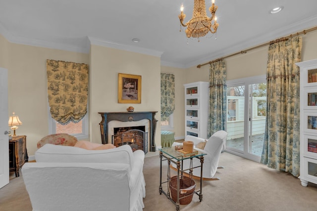 carpeted living room featuring crown molding and a chandelier