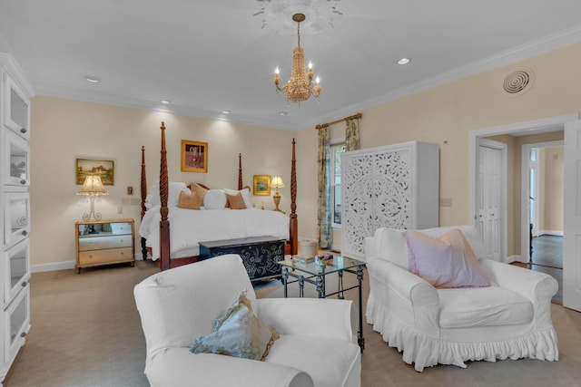 bedroom with crown molding, light colored carpet, and a chandelier