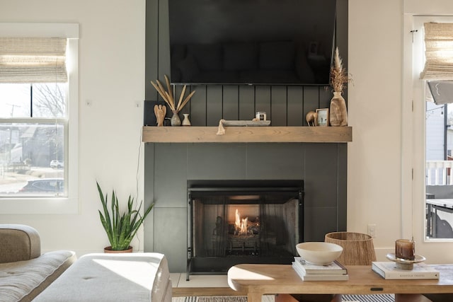 interior details featuring a fireplace