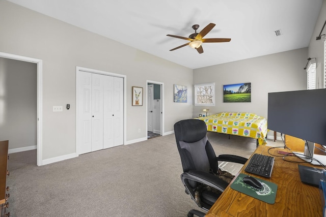 office featuring carpet and ceiling fan