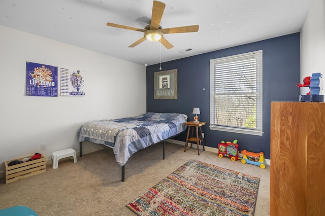 bedroom featuring carpet and ceiling fan