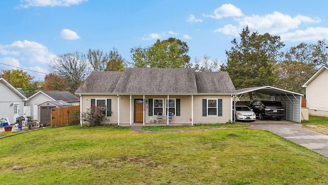 view of front of house featuring a carport, a shed, covered porch, and a front lawn