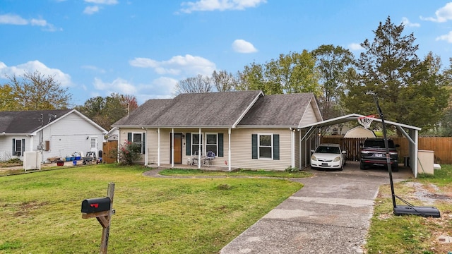 ranch-style home featuring a carport, a porch, and a front lawn