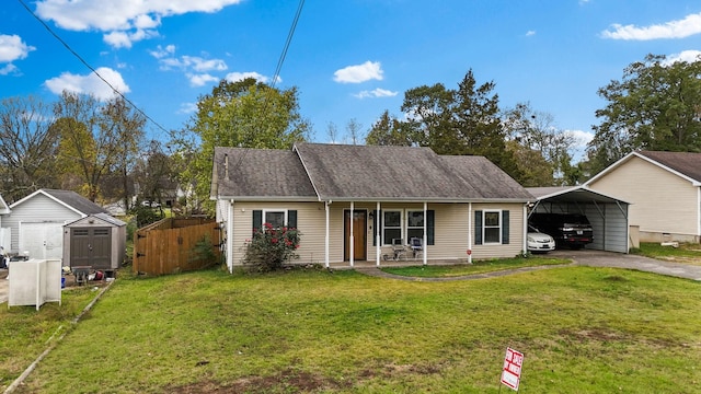 view of front of home with a carport, a storage unit, a porch, and a front lawn