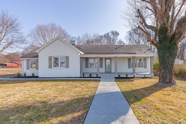 ranch-style house with a porch, central AC unit, and a front lawn