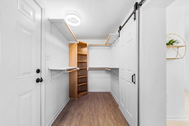 spacious closet with a barn door and hardwood / wood-style floors