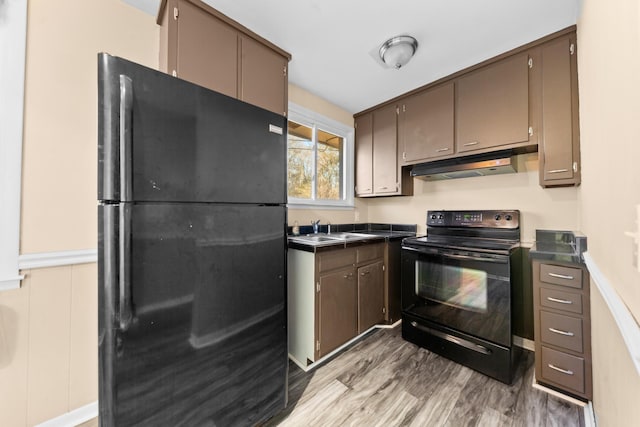 kitchen with dark brown cabinetry, sink, light hardwood / wood-style flooring, and black appliances