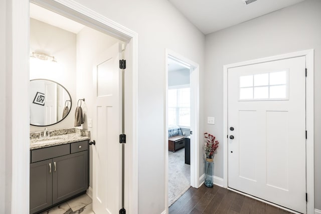 entrance foyer with dark hardwood / wood-style flooring and sink