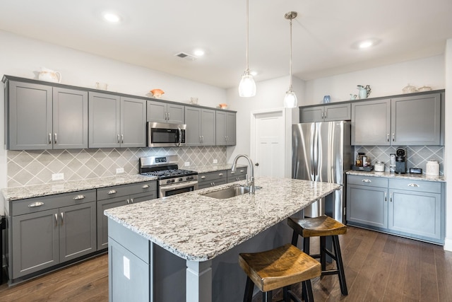 kitchen featuring appliances with stainless steel finishes, a kitchen island with sink, sink, and hanging light fixtures