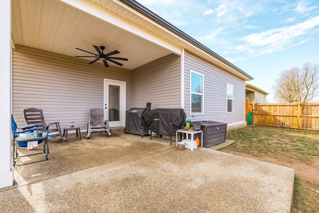 view of patio featuring ceiling fan and grilling area