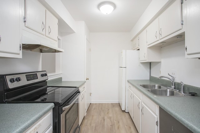 kitchen featuring white cabinetry, stainless steel range with electric stovetop, sink, and light wood-type flooring