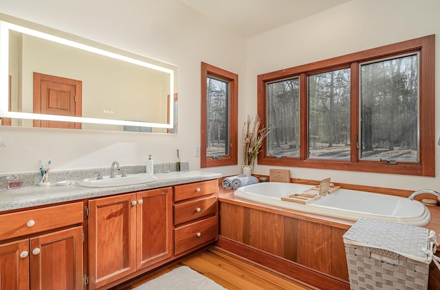 bathroom featuring vanity, a tub to relax in, and hardwood / wood-style flooring