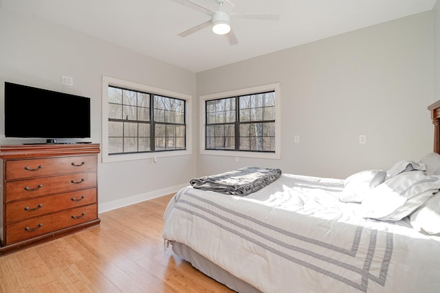 bedroom featuring ceiling fan and light wood-type flooring