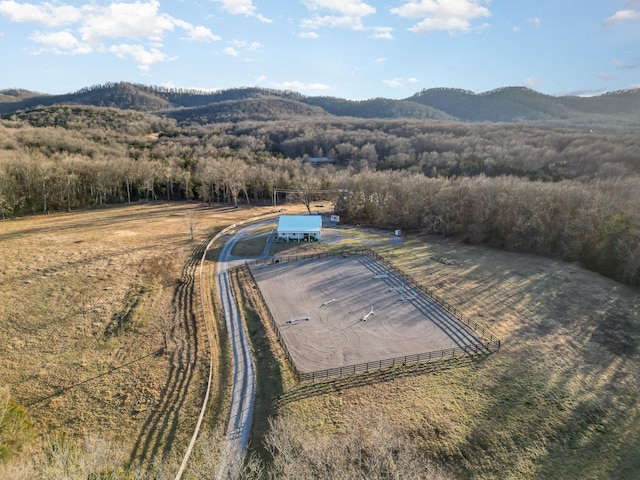 birds eye view of property with a mountain view and a rural view