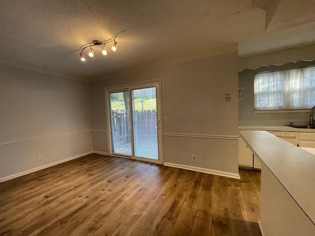 unfurnished dining area featuring sink, wood-type flooring, and a textured ceiling