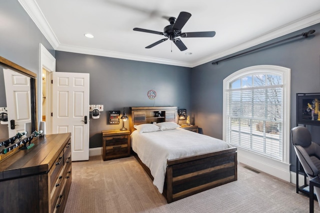 bedroom featuring ceiling fan, light colored carpet, and ornamental molding