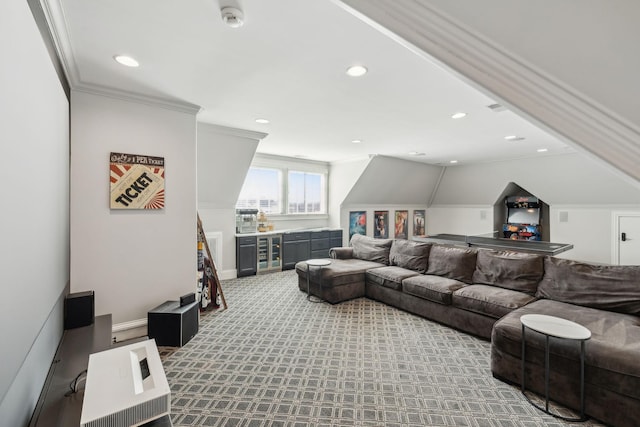 living room with ornamental molding, beverage cooler, vaulted ceiling, and carpet