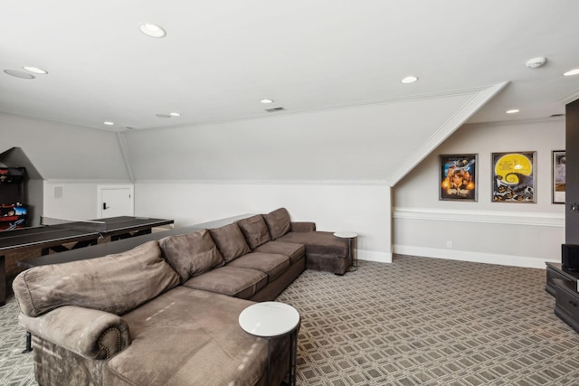 carpeted living room featuring ornamental molding