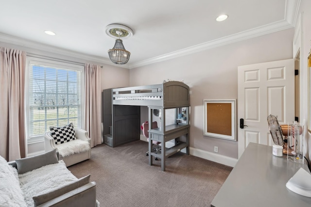 bedroom featuring crown molding, an inviting chandelier, and dark carpet