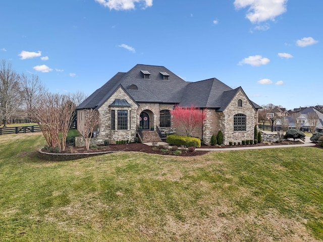 french provincial home featuring a front lawn