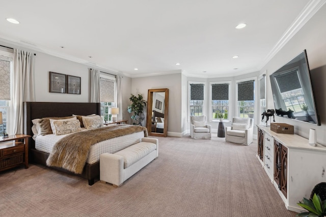 bedroom featuring ornamental molding and carpet