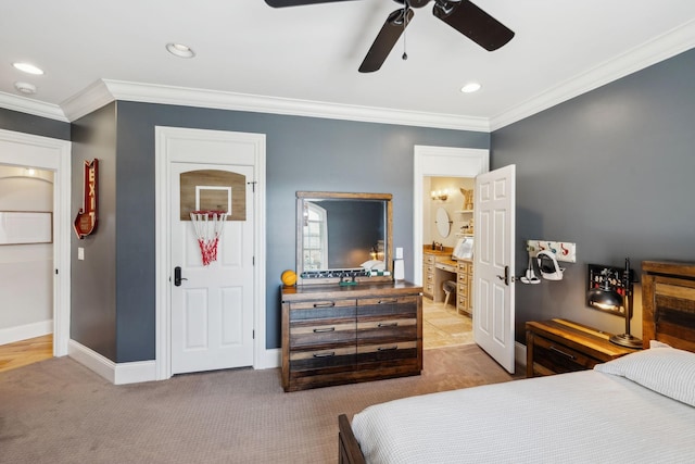 bedroom with crown molding, light colored carpet, and ceiling fan