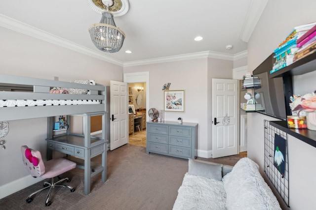 carpeted bedroom featuring ornamental molding and a notable chandelier