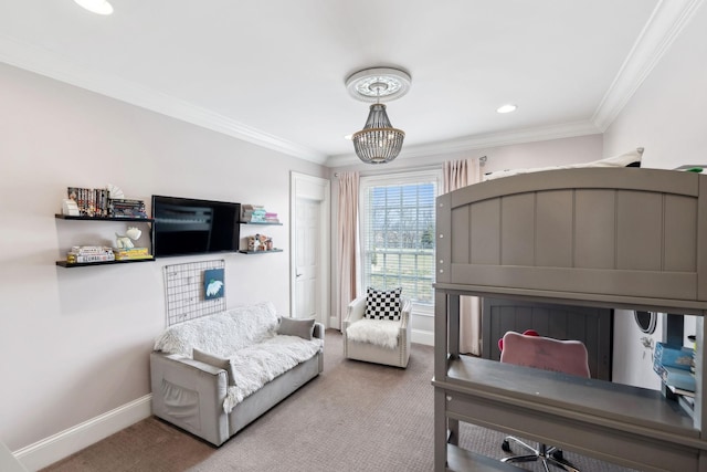 carpeted bedroom featuring crown molding and a notable chandelier