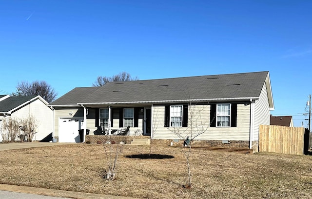 single story home with a garage, a porch, and a front lawn