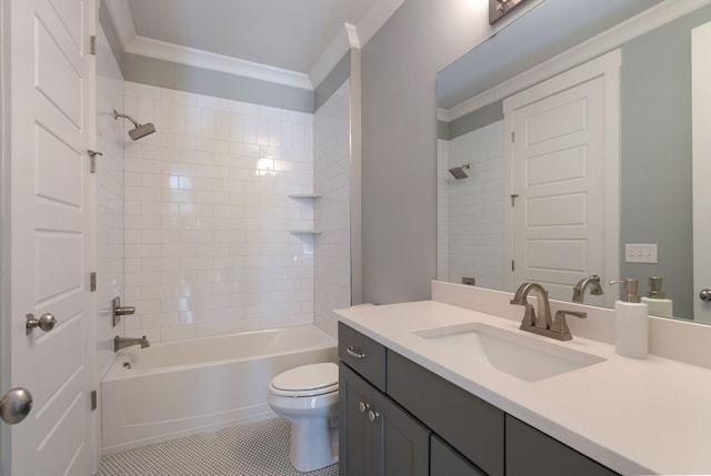 full bathroom featuring toilet, tiled shower / bath, ornamental molding, vanity, and tile patterned flooring