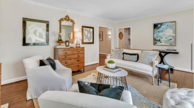 living room featuring wood-type flooring and ornamental molding