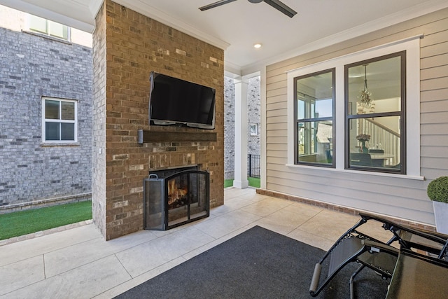 unfurnished living room with an outdoor brick fireplace, light tile patterned floors, crown molding, and ceiling fan