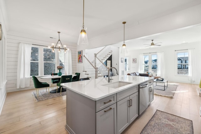 kitchen with sink, a center island with sink, stainless steel dishwasher, gray cabinets, and pendant lighting