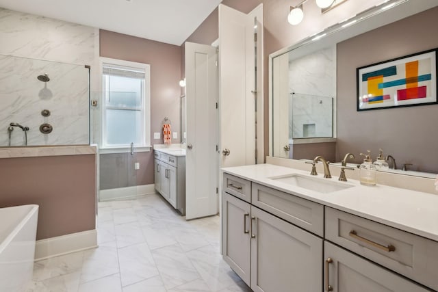 bathroom featuring vanity and plus walk in shower