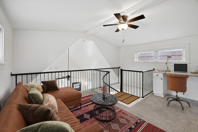 living room featuring light carpet, vaulted ceiling with beams, and ceiling fan