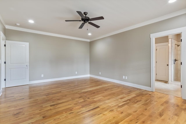 unfurnished room featuring ceiling fan, ornamental molding, and light hardwood / wood-style flooring