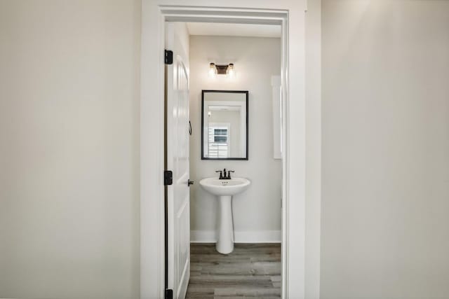 bathroom with wood-type flooring