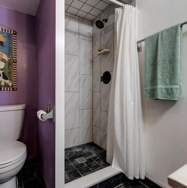 bathroom with toilet and a shower with curtain