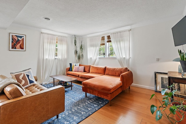 living room with crown molding, hardwood / wood-style floors, and a textured ceiling