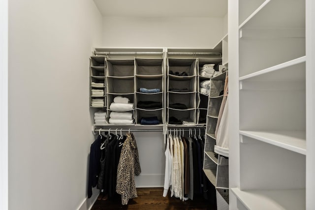 walk in closet with dark hardwood / wood-style floors