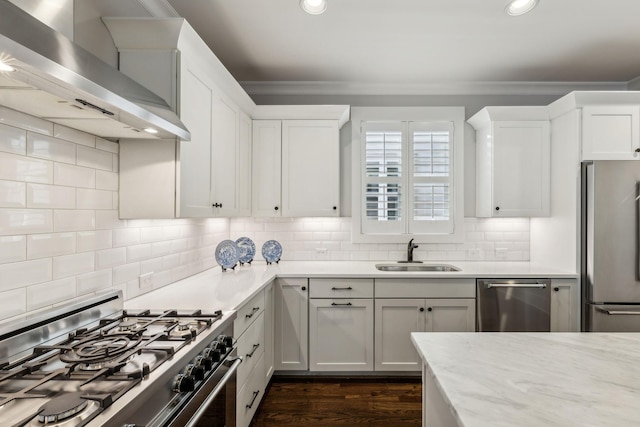 kitchen with appliances with stainless steel finishes, sink, white cabinets, crown molding, and wall chimney range hood