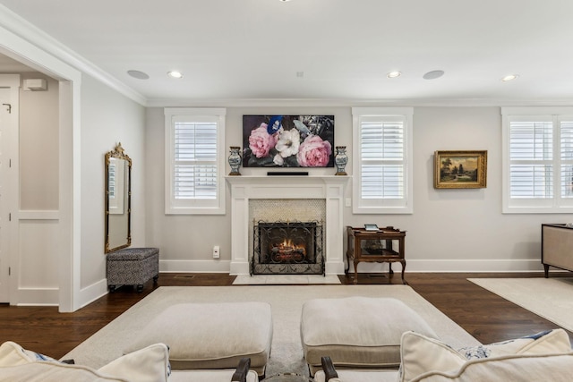 living room featuring dark wood-type flooring and ornamental molding